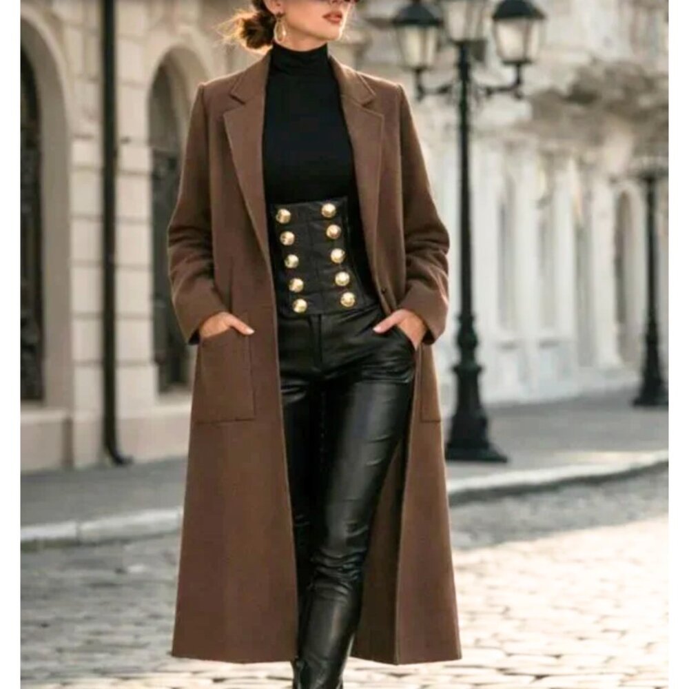 NWT Premium Quality Wool Blend Trendy Brown Open Coat With Oversized Pockets